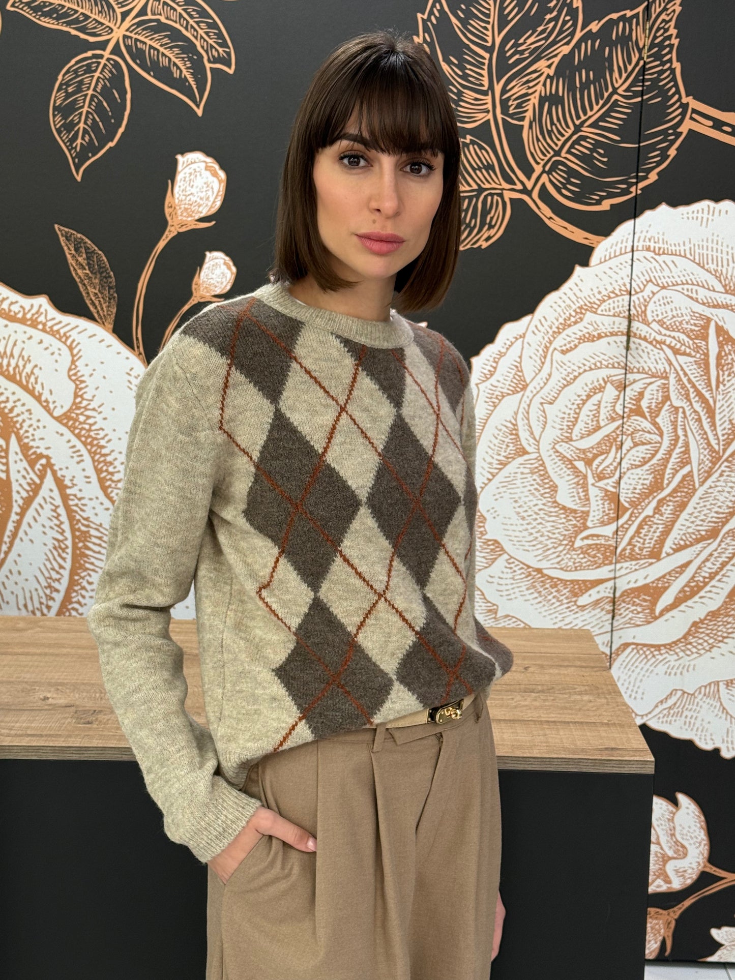 Maglia girocollo rombi beige - HaveOne