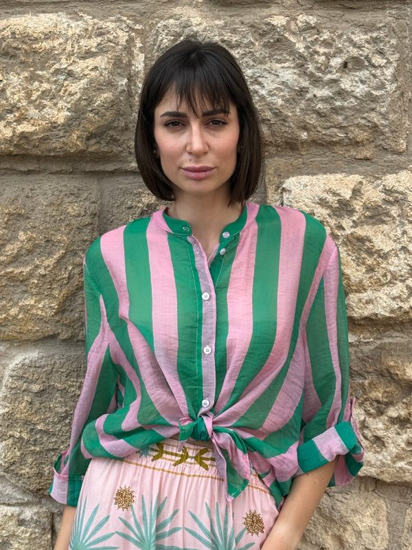Camicia riga smeraldo/rosa manica corta - Haveone