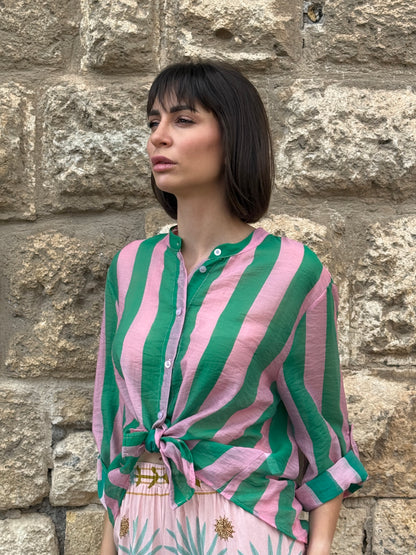 Camicia riga smeraldo/rosa manica corta - Haveone
