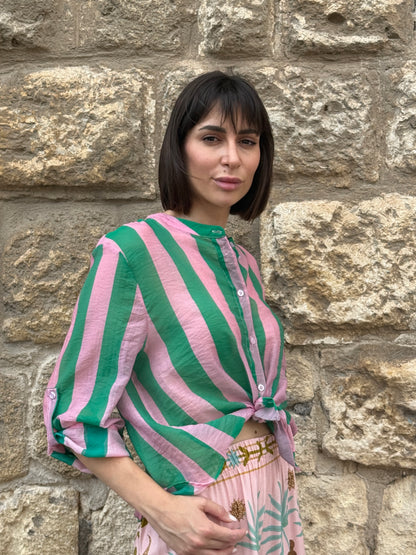 Camicia riga smeraldo/rosa manica corta - Haveone