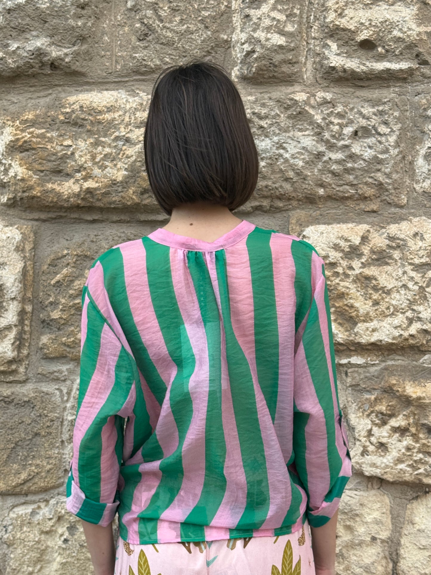 Camicia riga smeraldo/rosa manica corta - Haveone