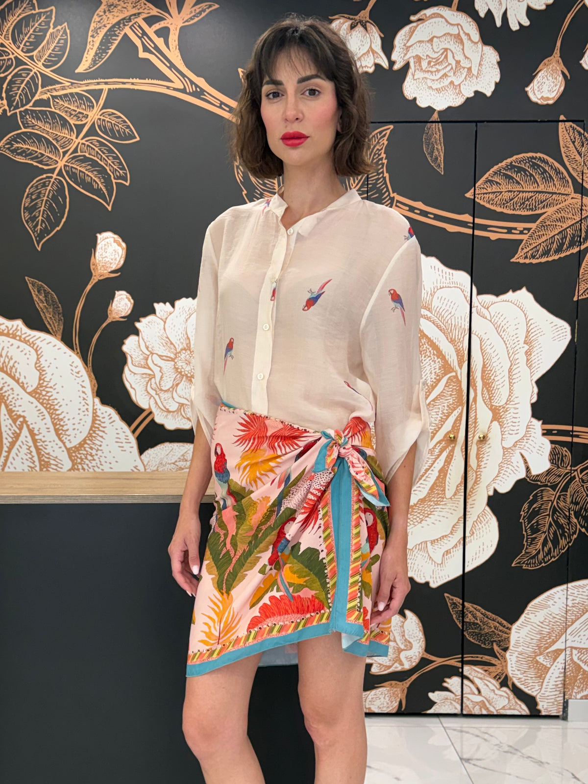 Camicia panna stampa pappagallo -Haveone