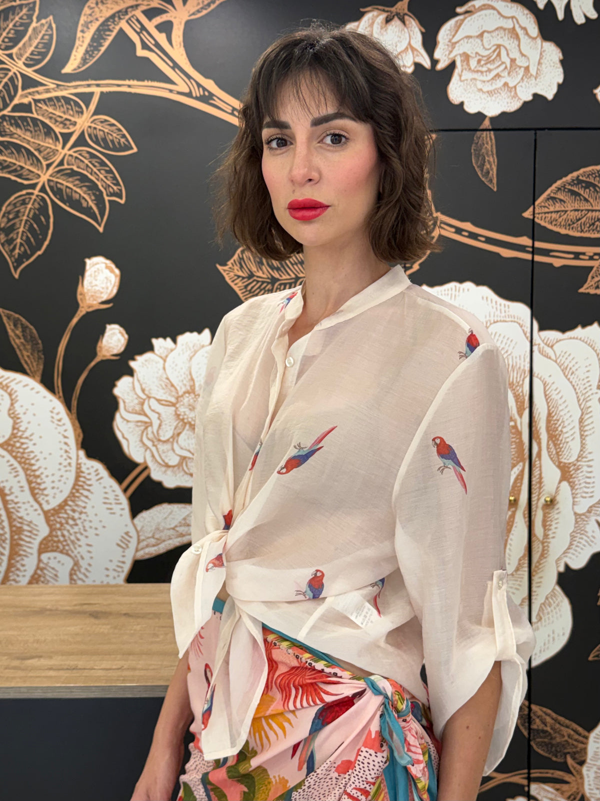 Camicia panna stampa pappagallo -Haveone