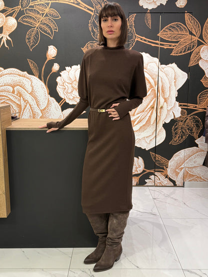Abito midi con manicotti colore marrone - Haveone