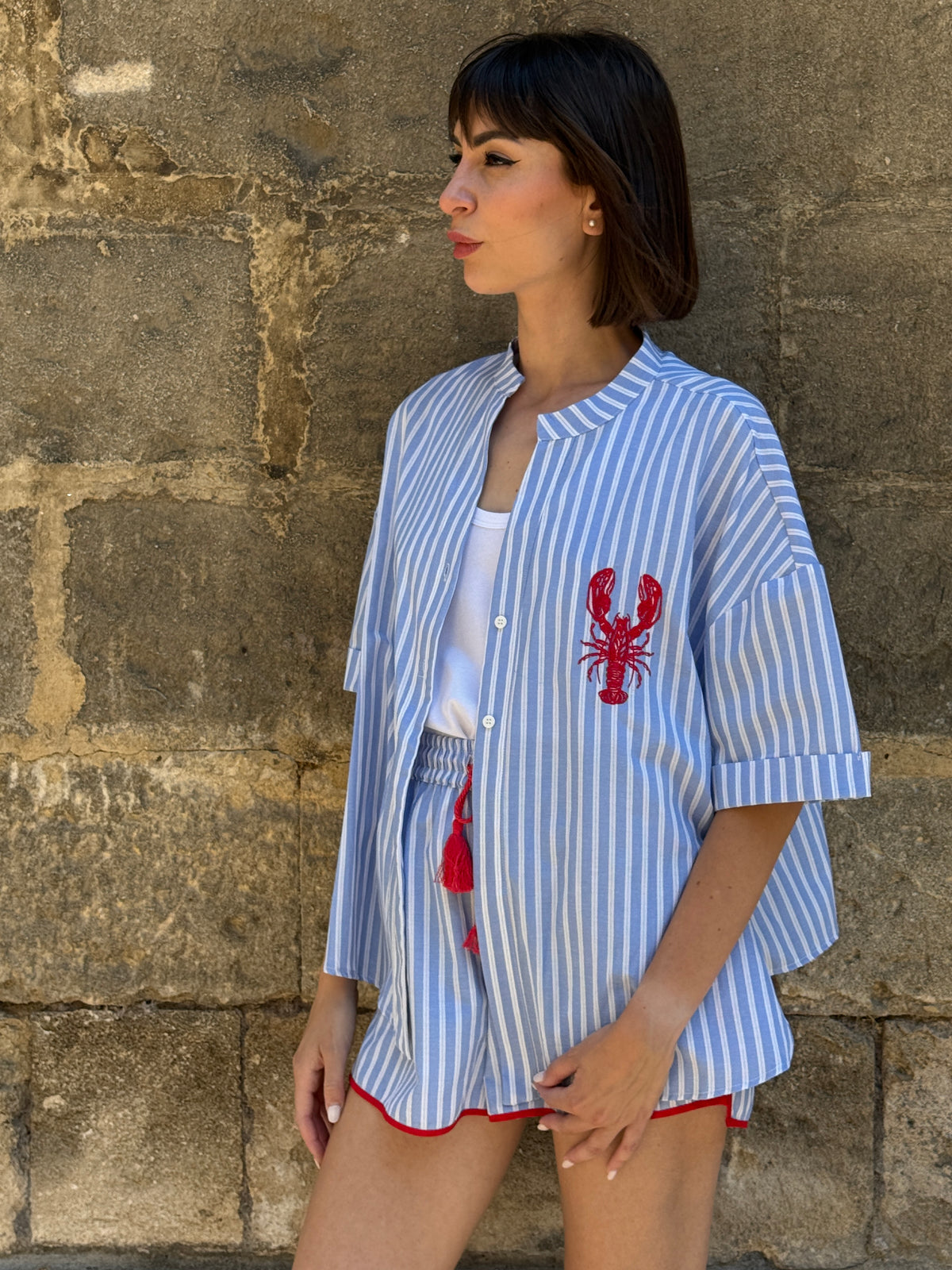 Camicia rigata con aragosta ricamata - Philia Loft