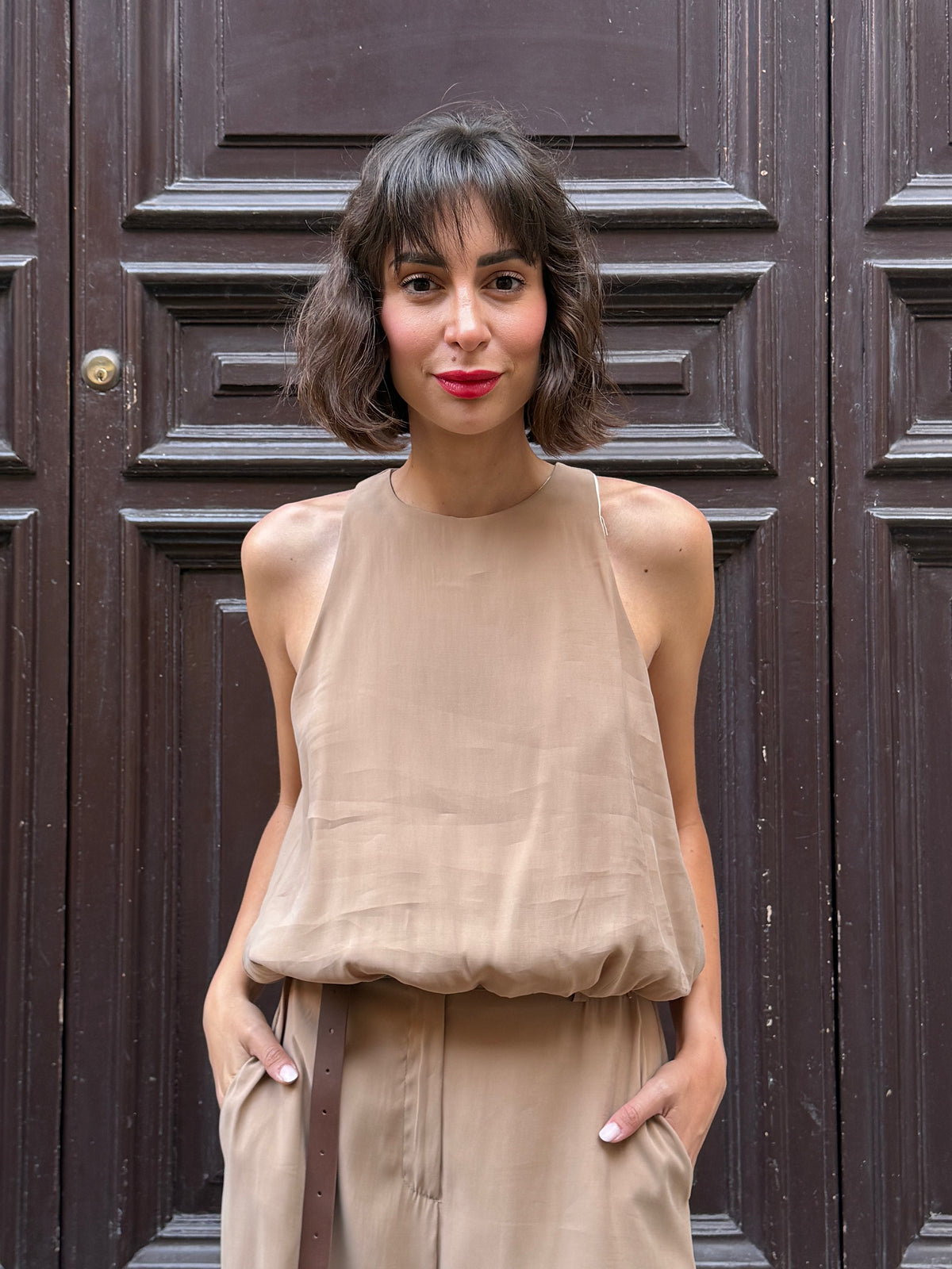 Top smanicato nocciola in modal - Philia Loft