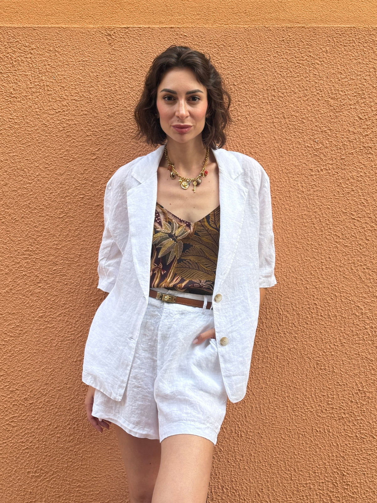 Giacca monopetto in lino bianco con maniche corte - Haveone