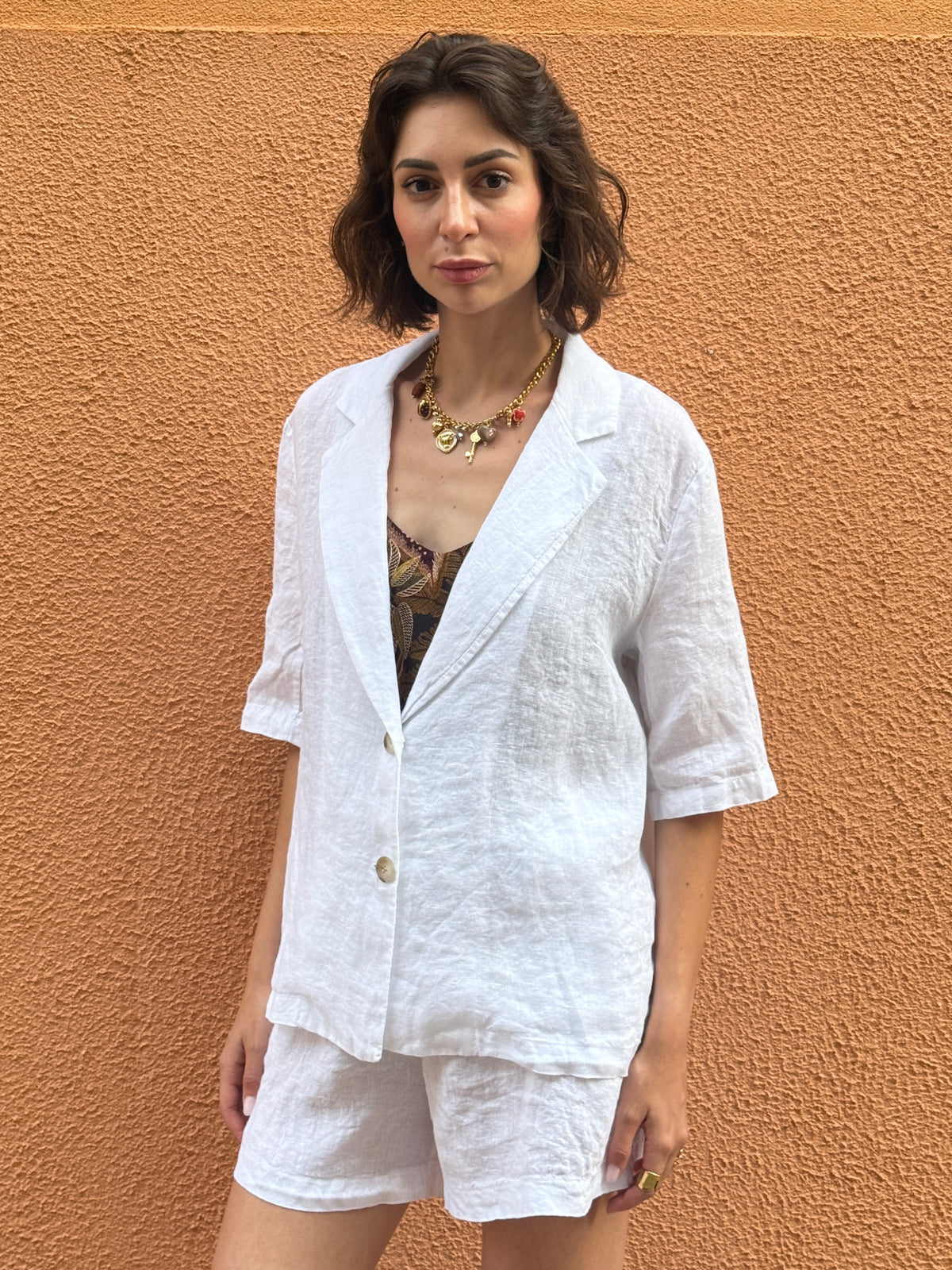 Giacca monopetto in lino bianco con maniche corte - Haveone