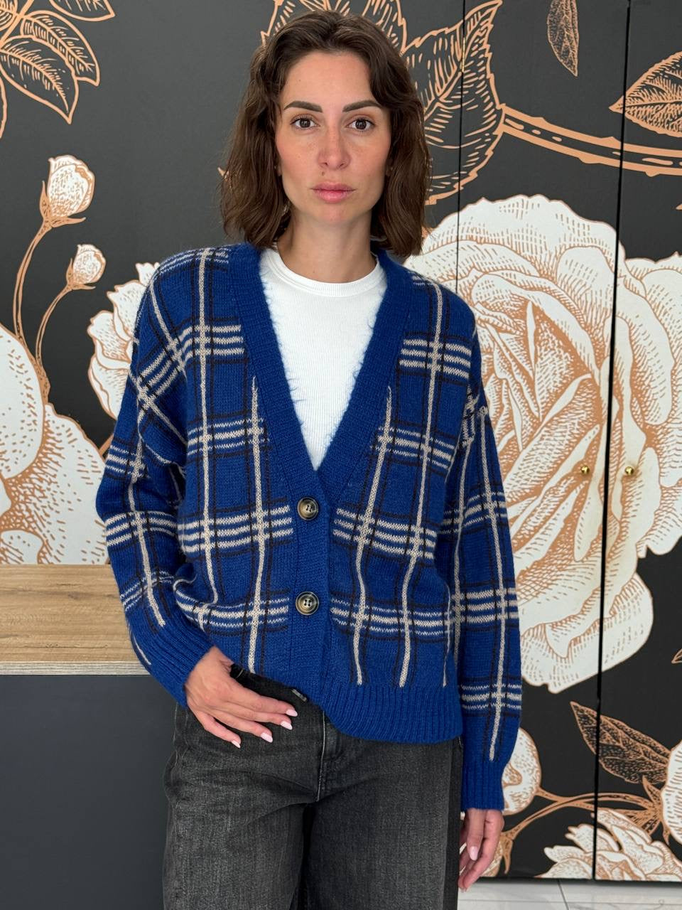 Cardigan tartan blu 3 bottoni - Haveone