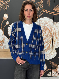 Cardigan tartan blu 3 bottoni - Haveone