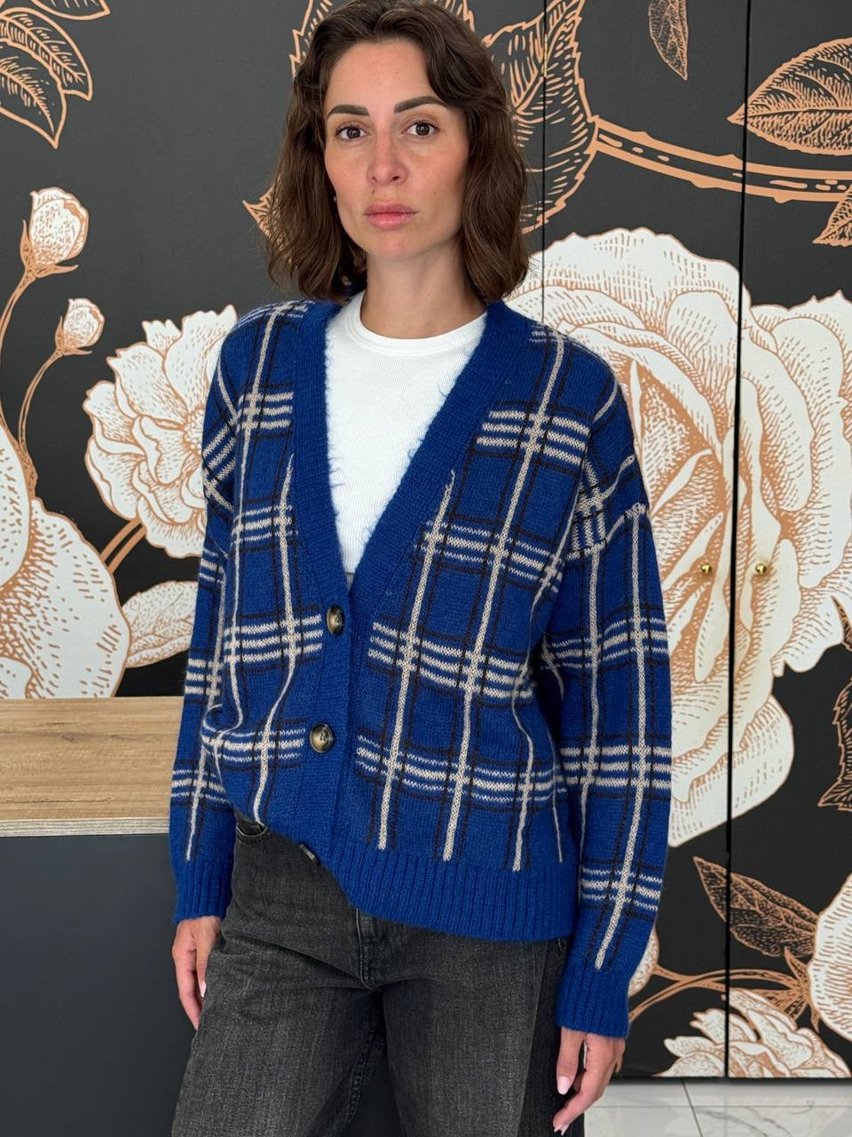 Cardigan tartan blu 3 bottoni - Haveone