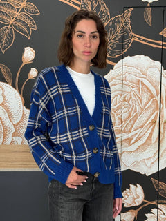 Cardigan tartan blu 3 bottoni - Haveone