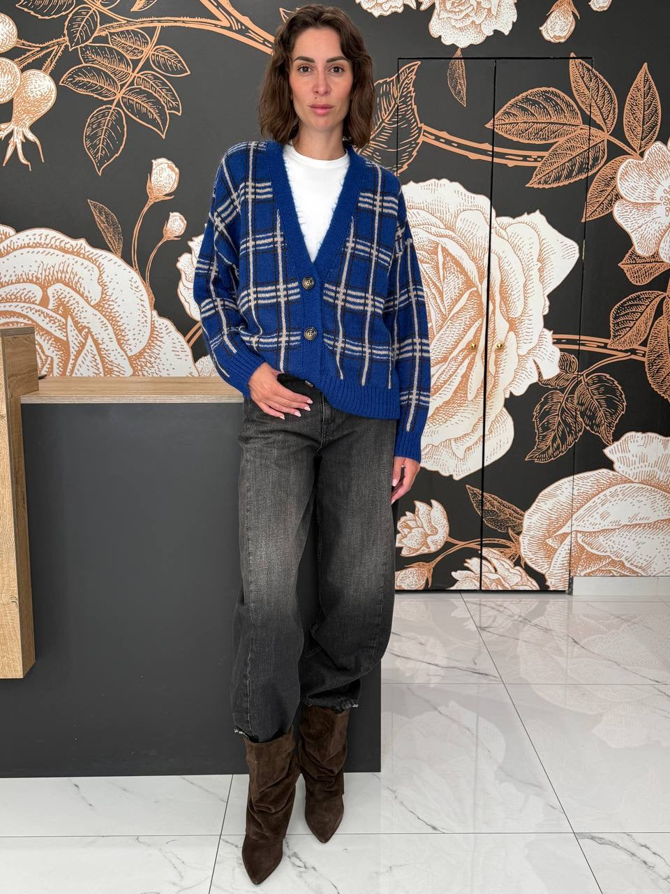 Cardigan tartan blu 3 bottoni - Haveone
