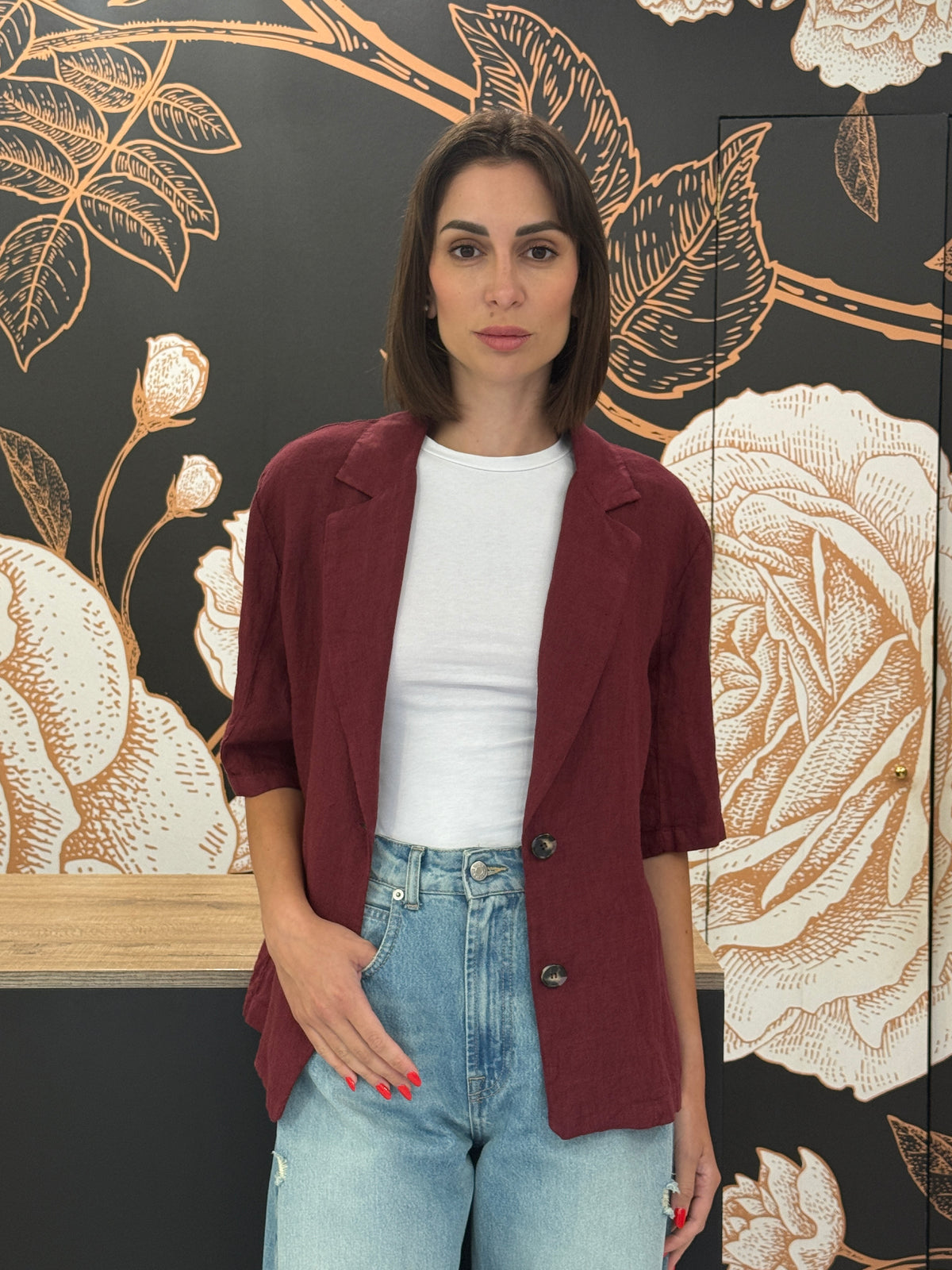 Giacca monopetto in lino bordeaux con maniche corte - Haveone
