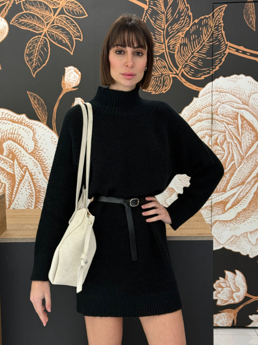 Vestito dolcevita con cintura nero - Kontatto