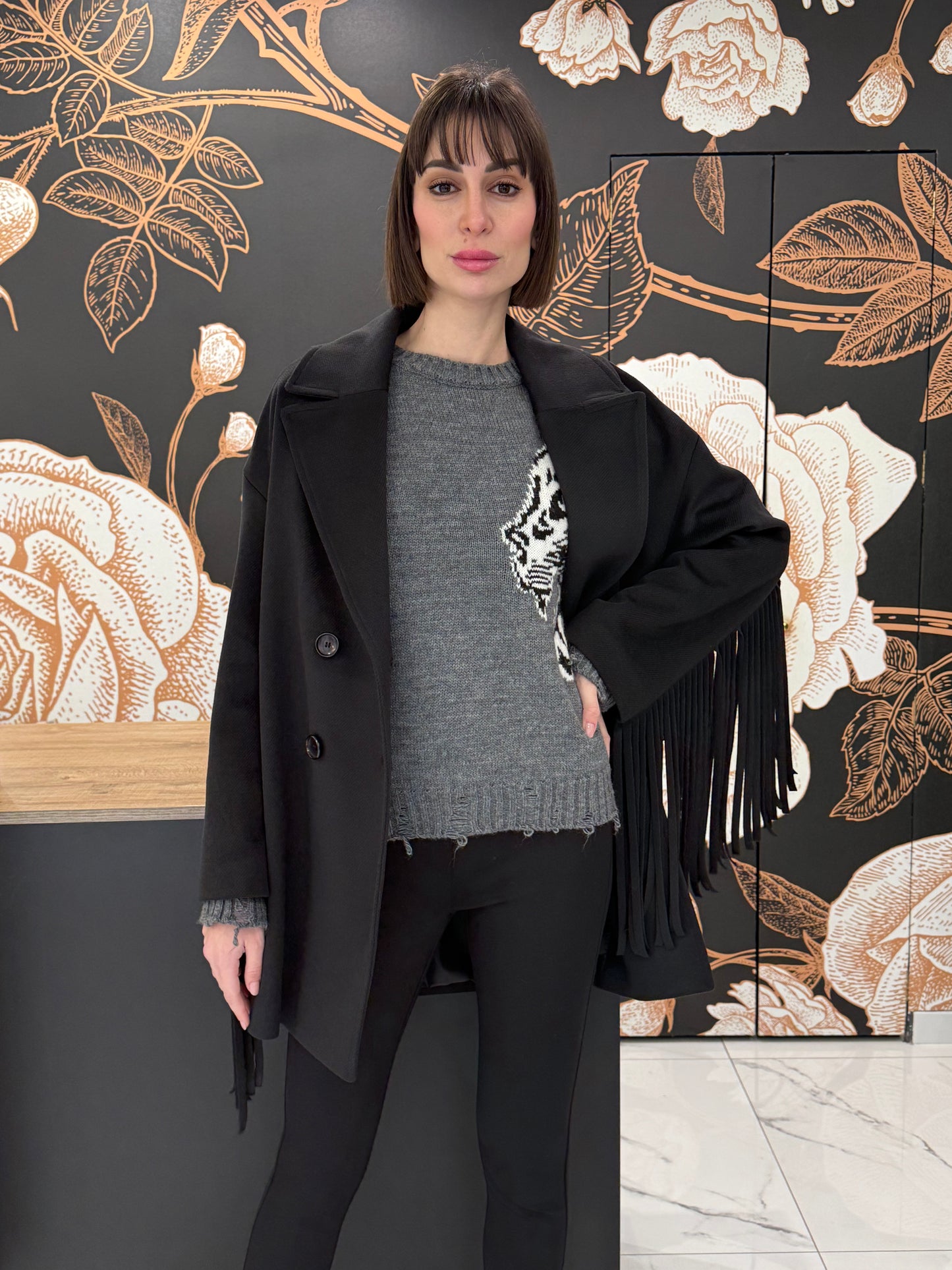 Cappotto doppio petto frange nero - Souvenir Clubbing