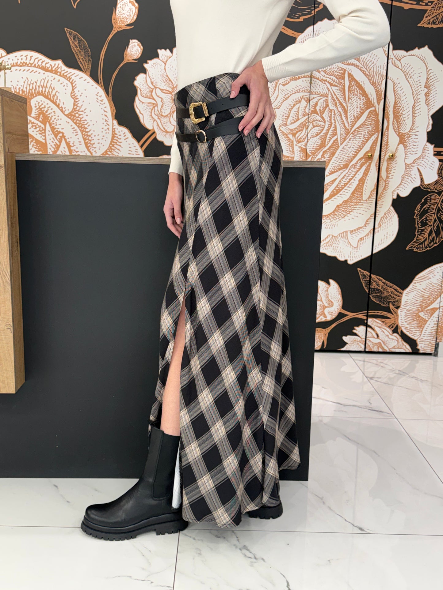 Gonna lunga a quadri con cinture HaveOne