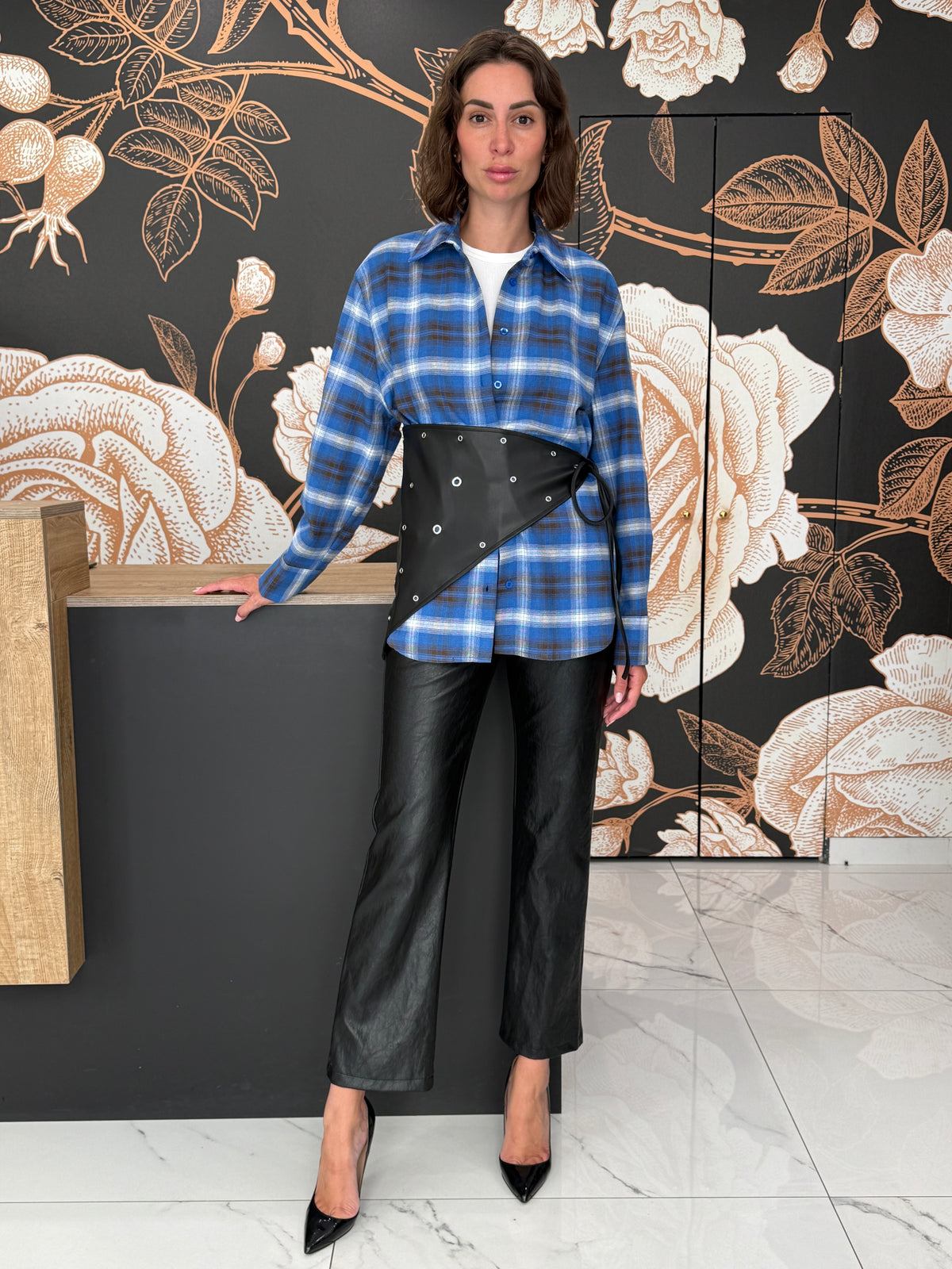 Camicia check blu con dettaglio cintura/bandana -  Haveone