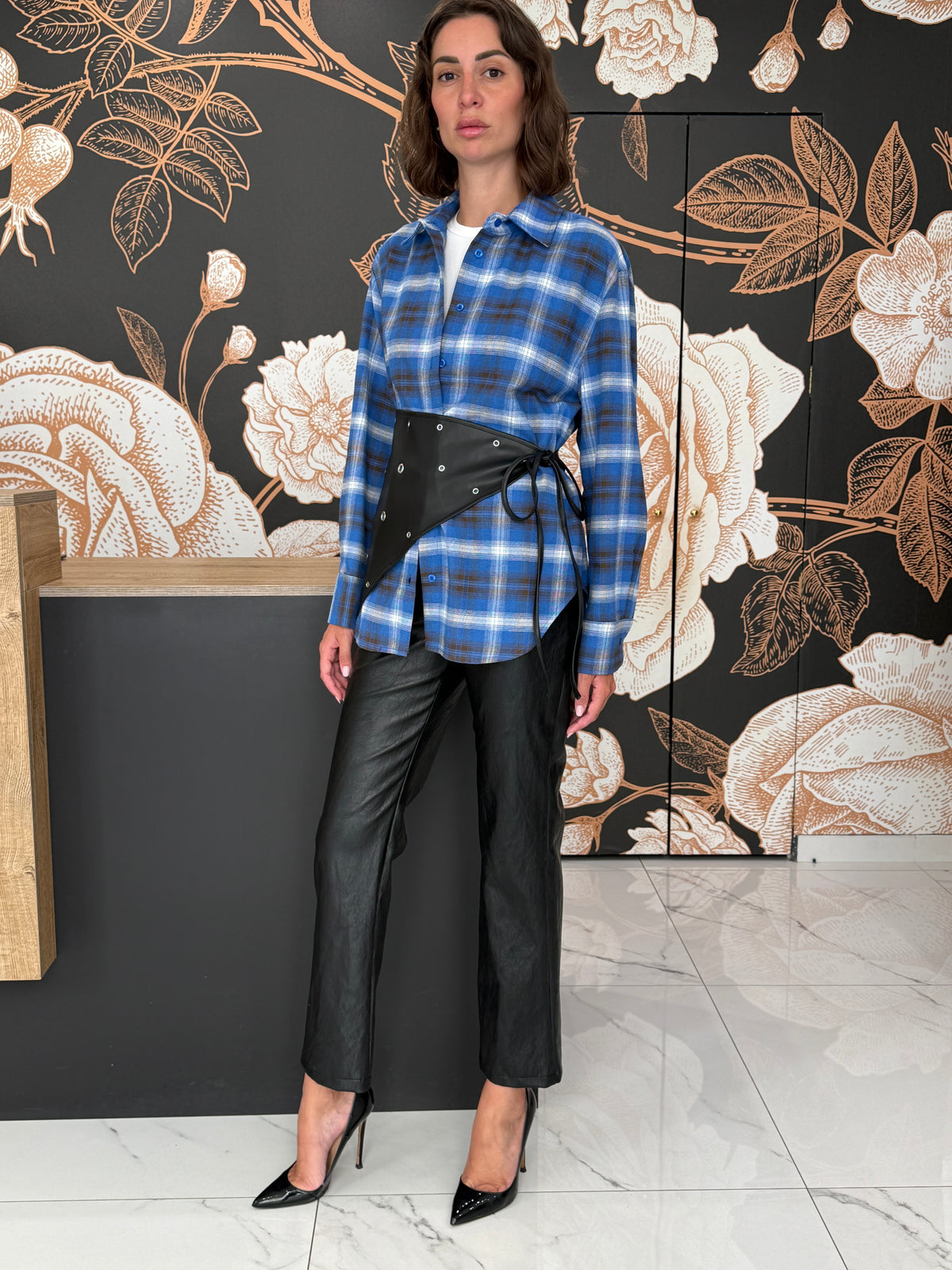 Camicia check blu con dettaglio cintura/bandana -  Haveone