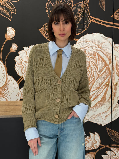 Cardigan in cotone a maglia lavorata e bottoni naturali cachi - HAVEONE