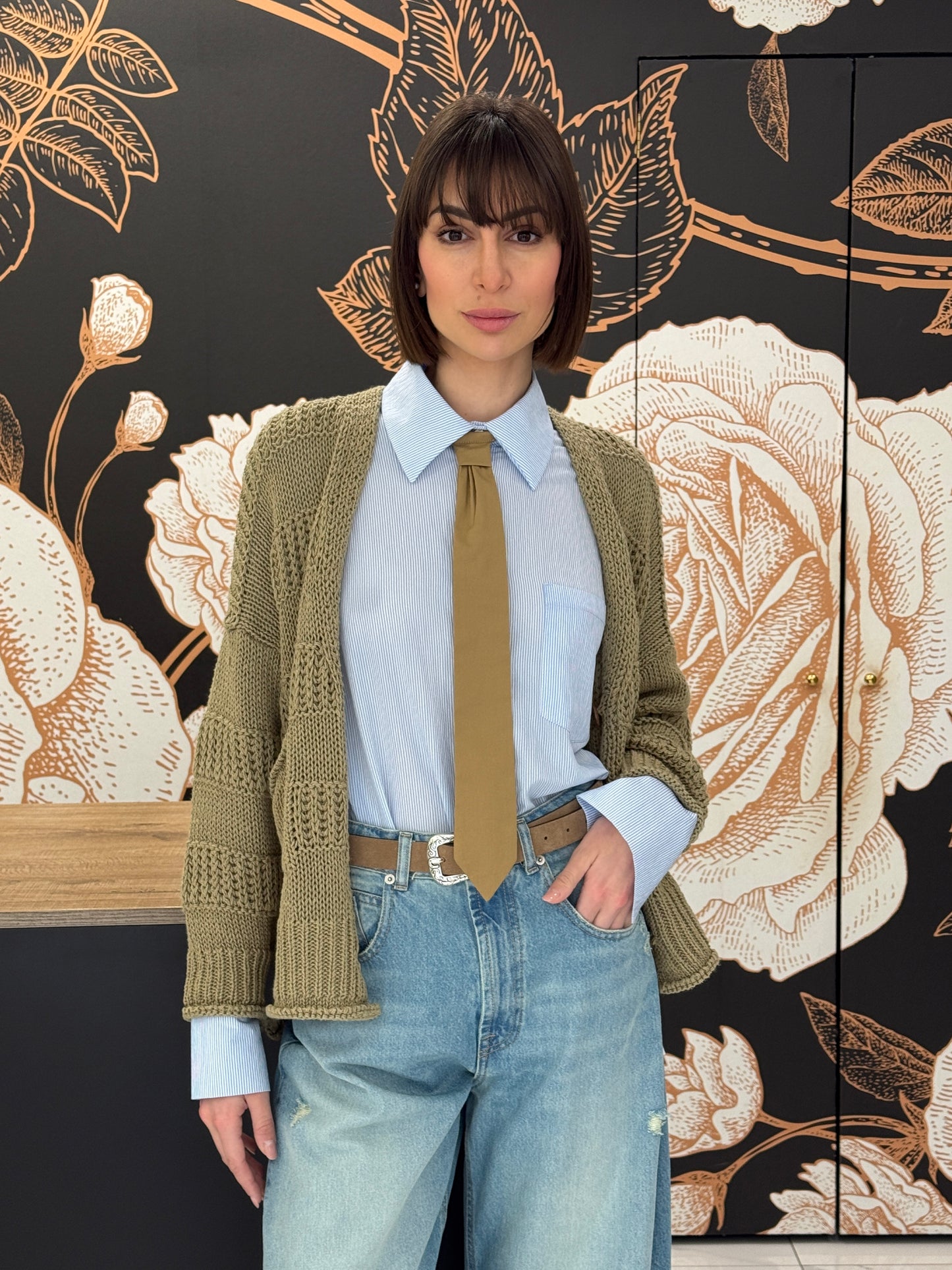 Cardigan in cotone a maglia lavorata e bottoni naturali cachi - HAVEONE