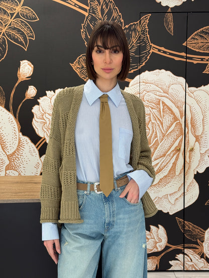 Cardigan in cotone a maglia lavorata e bottoni naturali cachi - HAVEONE