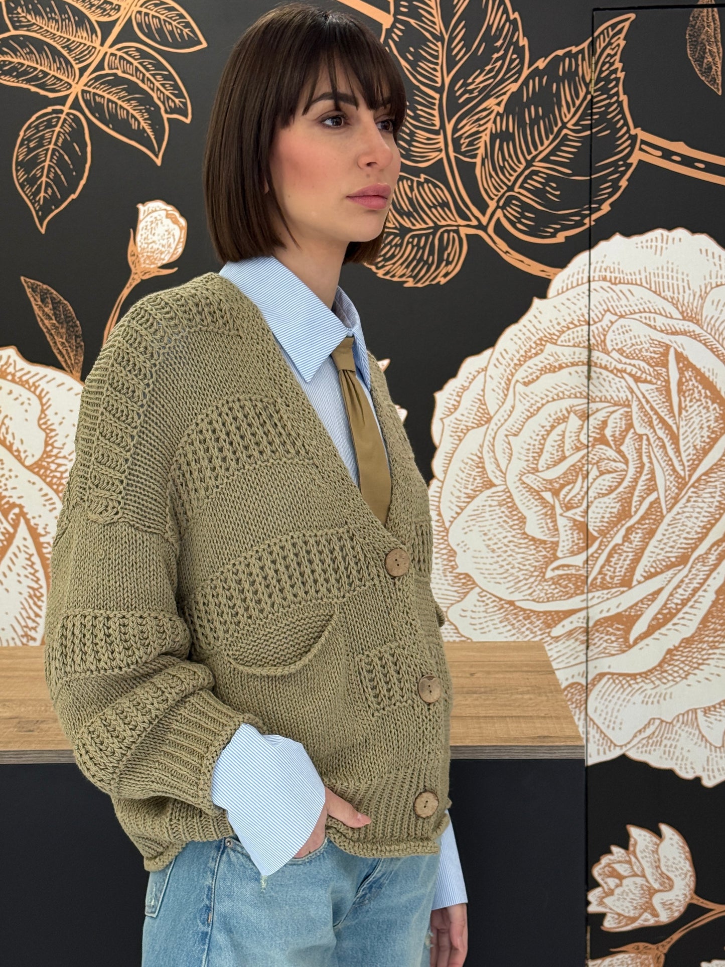Cardigan in cotone a maglia lavorata e bottoni naturali cachi - HAVEONE