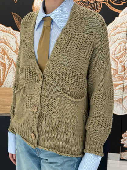 Cardigan in cotone a maglia lavorata e bottoni naturali cachi - HAVEONE