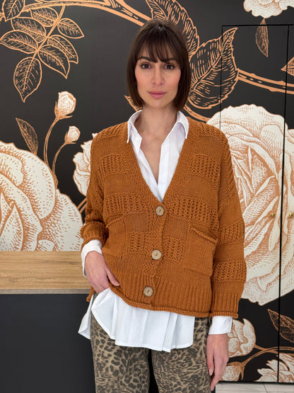 Cardigan in cotone a maglia lavorata e bottoni naturali tabacco - HAVEONE