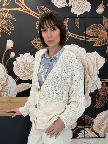 Cardigan in cotone a maglia lavorata e bottoni naturali calce- HAVEONE