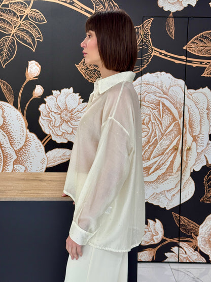 Camicia stondata avorio con strass - Kontatto