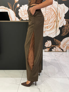 Pantalone gessato con inserto in pizzo marrone - Haveone