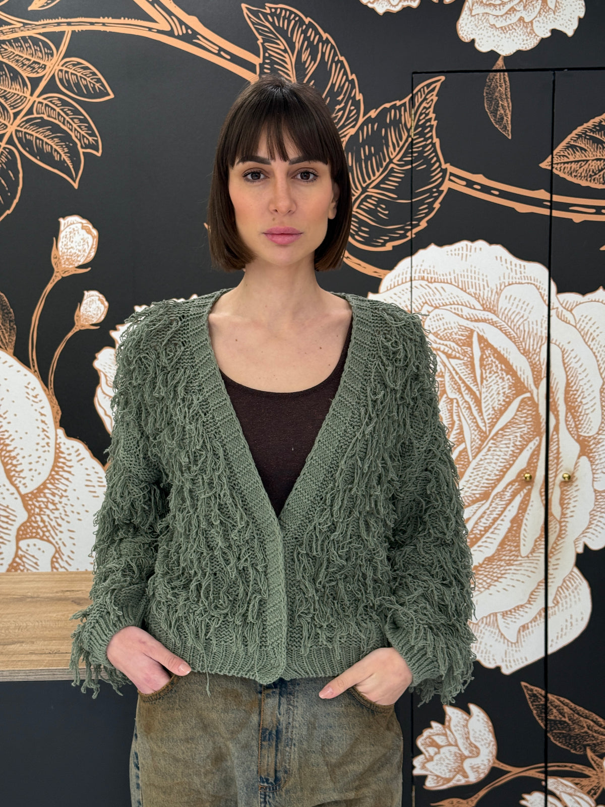 Cardigan in maglia con frange verde - HAVEONE