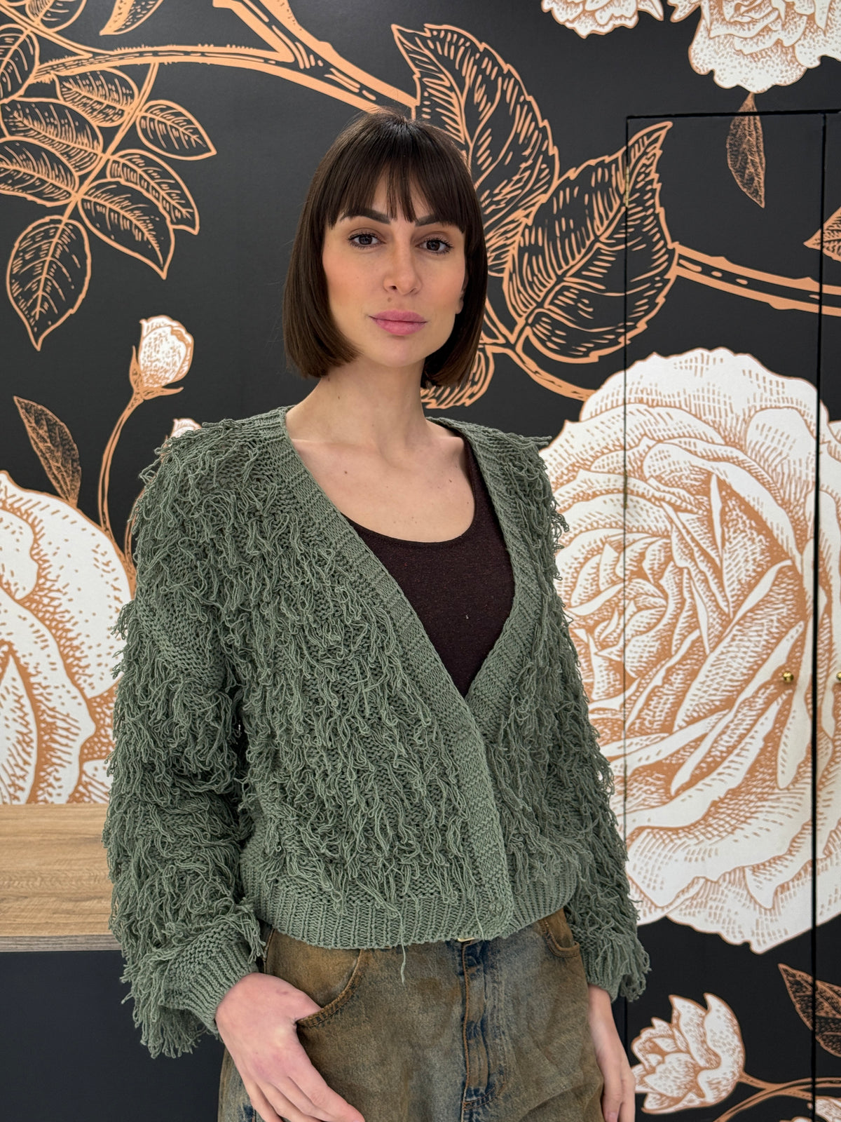 Cardigan in maglia con frange verde - HAVEONE