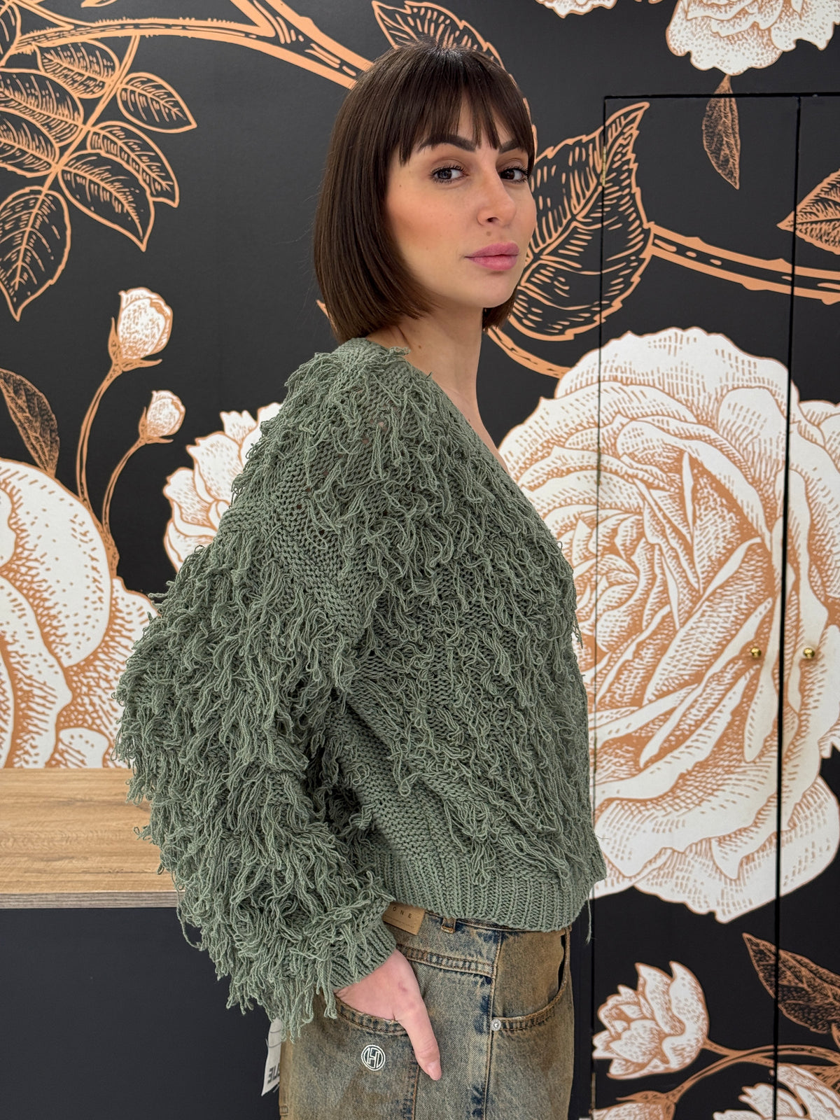 Cardigan in maglia con frange verde - HAVEONE