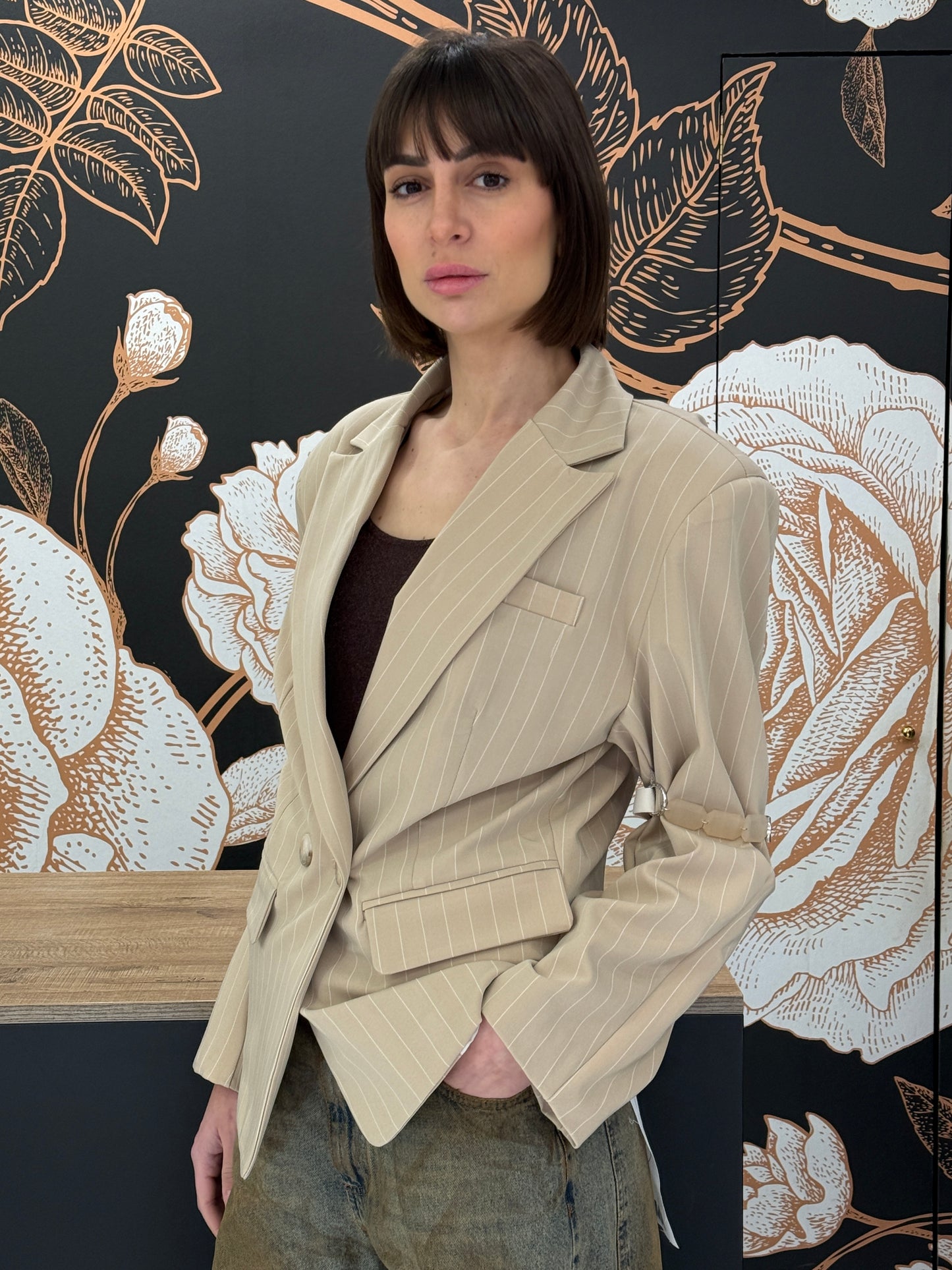 Giacca gessata doppio petto sabbia - Haveone