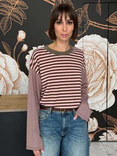 T-SHIRT MILLE RIGHE MANICA CAMPANA  COLLO A CONTRASTO - HAVEONE