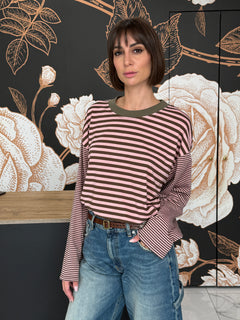 T-SHIRT MILLE RIGHE MANICA CAMPANA  COLLO A CONTRASTO - HAVEONE