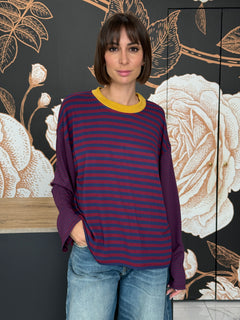 T-SHIRT MILLE RIGHE MANICA CAMPANA  COLLO A CONTRASTO - HAVEONE