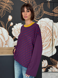 T-SHIRT MILLE RIGHE MANICA CAMPANA  COLLO A CONTRASTO - HAVEONE