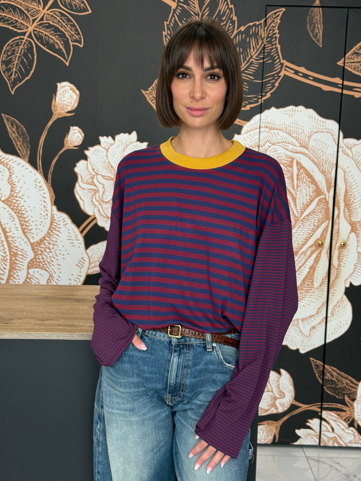 T-SHIRT MILLE RIGHE MANICA CAMPANA  COLLO A CONTRASTO - HAVEONE