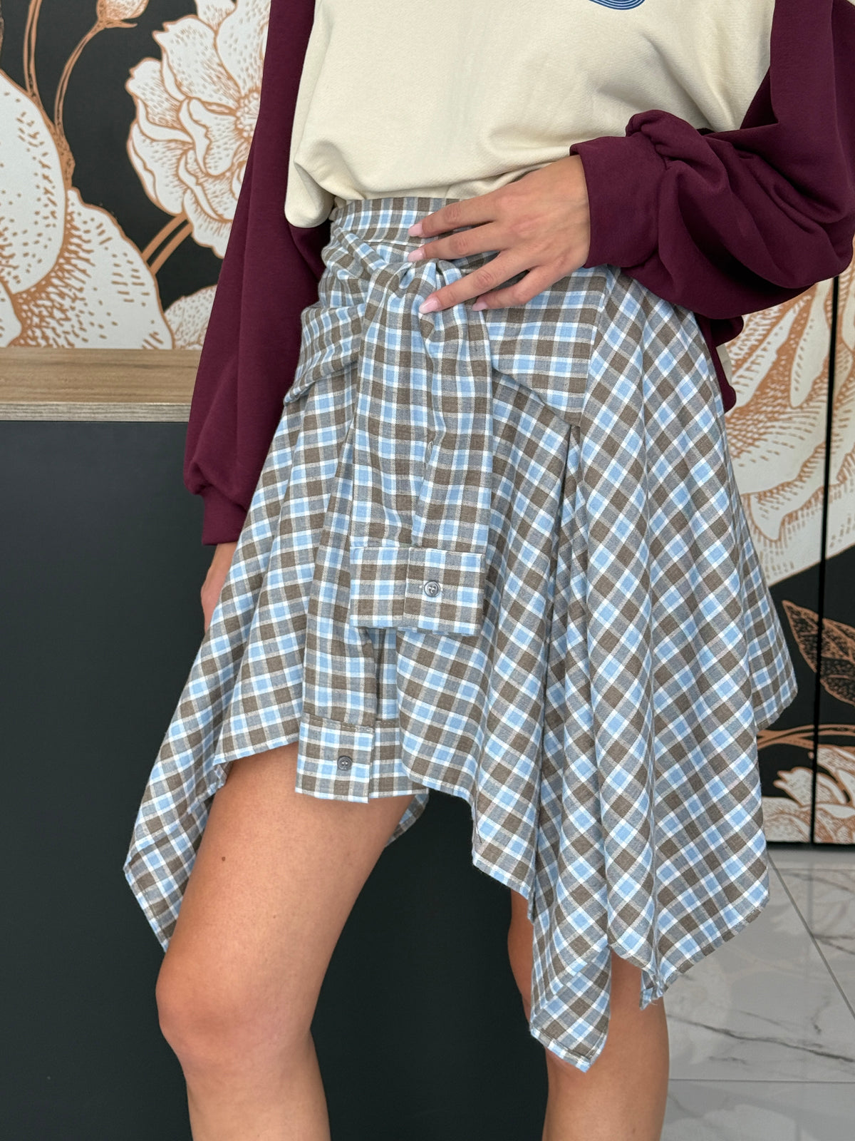 Minigonna check flanella beige/azzurro - Vicolo