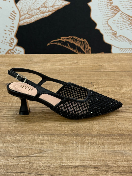 Slingback lavorazione traforata nera  con strass -Ovyé