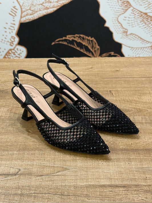 Slingback lavorazione traforata nera  con strass -Ovyé