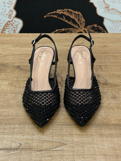 Slingback lavorazione traforata nera  con strass -Ovyé