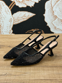 Slingback lavorazione traforata nera  con strass -Ovyé