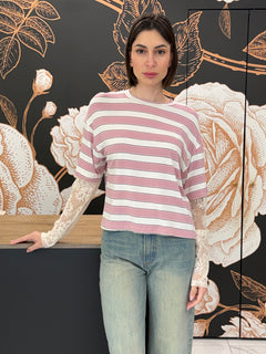 T-shirt a righe rosa maniche in pizzo - HaveOne