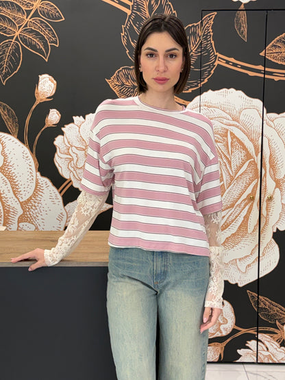 T-shirt a righe rosa maniche in pizzo - HaveOne