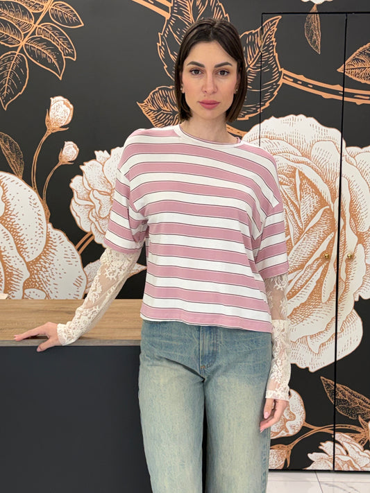 T-shirt a righe rosa maniche in pizzo - HaveOne