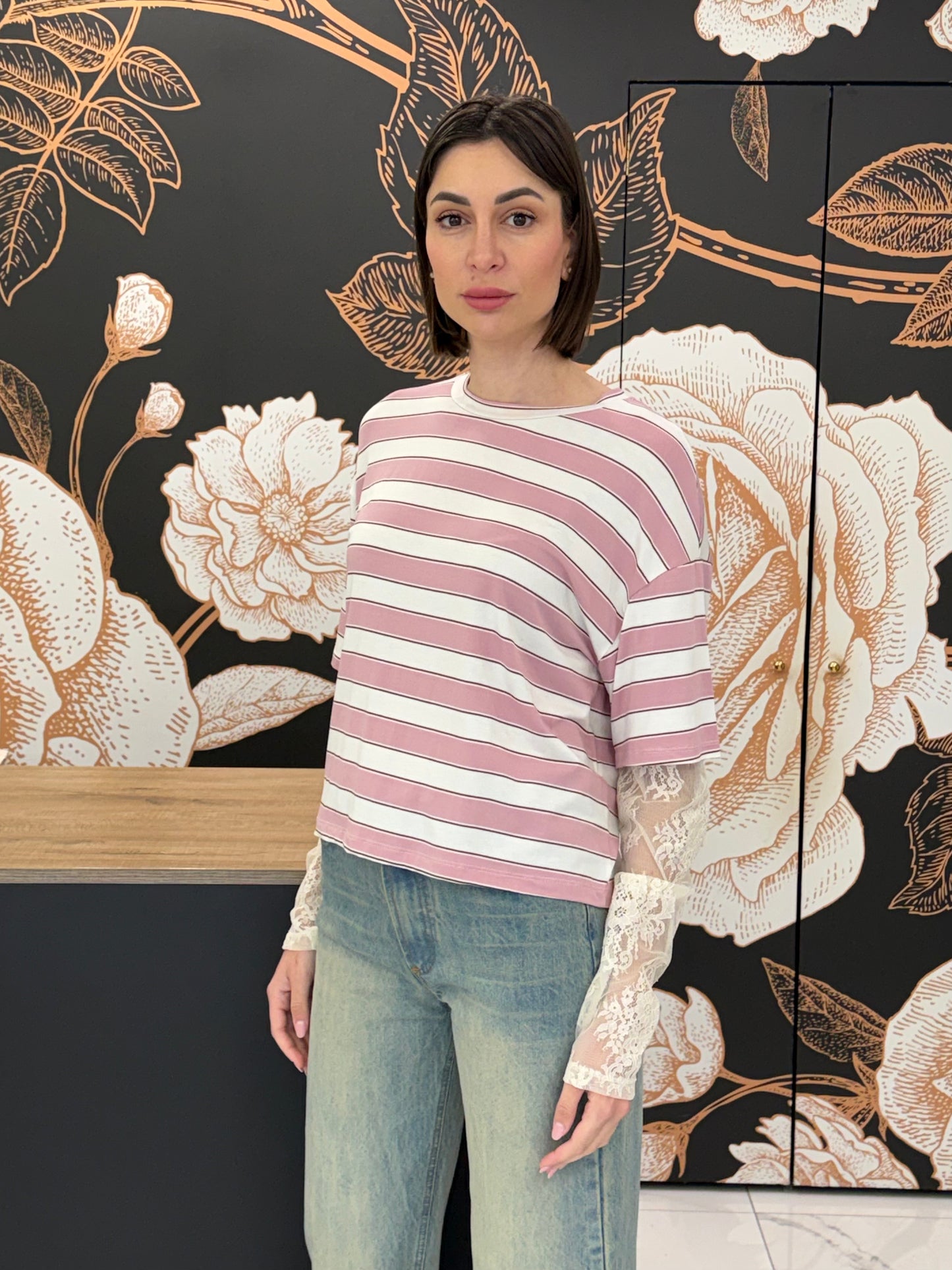 T-shirt a righe rosa maniche in pizzo - HaveOne
